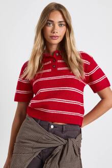 Gestreepte Kraag Oversized Gebreide Top, Red - S