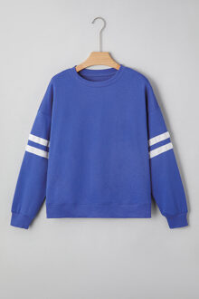 Gestreepte Mouwen Crewneck Top Middelblauw
