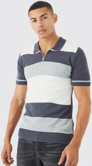 Gestreepte Muscle Fit Color Block Polo, Grey - XS