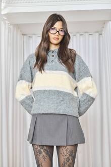 Gestreepte Oversized Trui Met Button-Down Kraag, Grey - L
