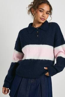 Gestreepte Oversized Trui Met Knoopsluiting Aan De Voorkant En Kraag., Navy - S