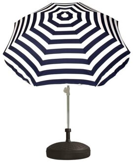 Gestreepte parasol blauw/wit - met rotan kunststof parasolvoet - zwart - diameter parasol 180 cm