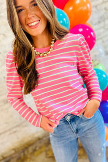 Gestreepte Pof Schouder Top Roze