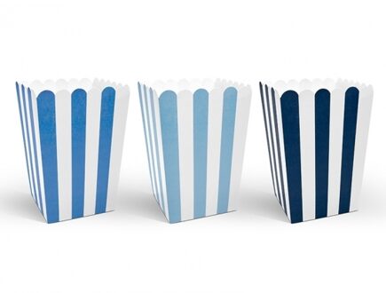 Gestreepte popcorn bakjes blauw - 18x stuks - 7,5 x 7,5 x 12,5 cm - Snoep bakjes