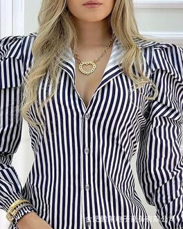 Gestreepte Puff Mouwen Slim Shirt Jurk