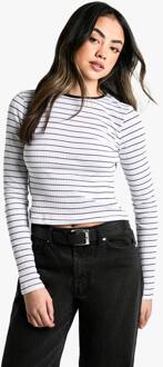 Gestreepte Ribbentop Met Lange Mouwen, White - 34