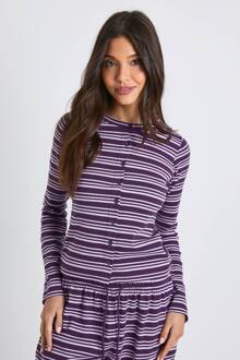 Gestreepte Ribtop Met Knoopsluiting En Lange Mouwen, Purple - 38