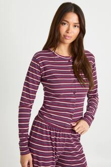 Gestreepte Top Met Doorlopende Knoopsluiting Op Lange Mouwen, Burgundy - 40