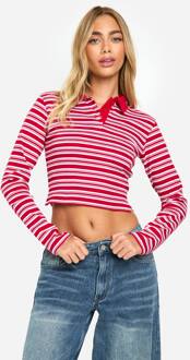 Gestreepte Top Met Kraag En Lange Mouwen, Red - 42