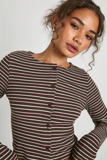 Gestreepte Top Met Lange Mouwen En Knoopsluiting, Chocolate - 44