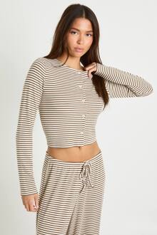 Gestreepte Top Met Lange Mouwen En Knoopsluiting, Stone - 44