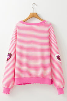 Gestropeerde Pullover met Paillettenhart Roze