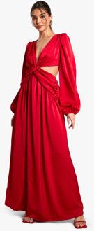 Gestructureerd Satijn Maxi-Jurk Met Uitsnijdingen En Diepe V-Hals, Red - 44