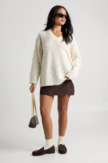 Gestructureerde Gebreide V-Hals Oversized Trui, Cream - L