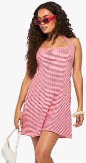 Gestructureerde Gingham Halterneck Swing Mini Jurk, Red - 44