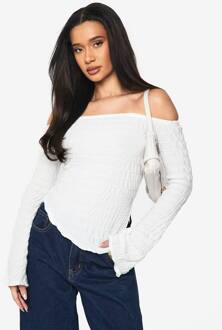 Getextureerde Asymmetrische Hals Top Met Lange Mouwen, Cream - 40