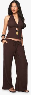 Getextureerde Broek Met Minimalistische Tailleband En Wijde Pijpen, Chocolate - 44