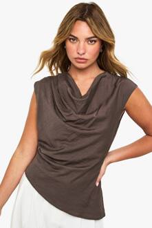 Getextureerde Geweven Blouse Met Hoge Kraag, Khaki - 40