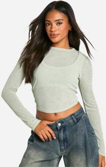Getextureerde Mesh 2-Laags Top Met Lange Mouwen, Sage - 34
