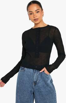 Getextureerde Mesh Overhemd Met Lange Mouwen, Black - 40