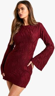 Getextureerde Mini Jurk Met Uitlopende Mouwen, Wine - 42