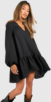 Getextureerde Mini Smock Jurk Met Blouson Mouwen, Black - 36