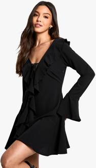 Getextureerde Minijurk Met Ruches En Lange Mouwen, Black - 36