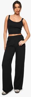 Getextureerde Plooi Detail Broek Met Wijde Pijpen, Black - 36