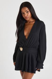 Getextureerde Shirtjurk Met Gouden Rand En Verlaagde Zoom, Black - 42