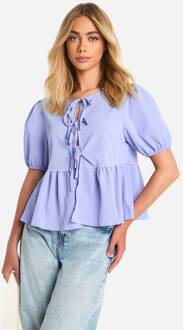 Getextureerde Smock Top Met Gebonden Voorkant En Pofmouwen, Blue - 38