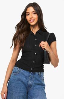 Getextureerde Top Met Capmouwen En Doorlopende Knoopsluiting, Black - 40