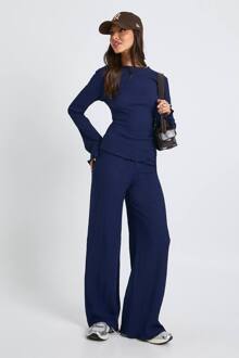 Getextureerde Top Met Lange Mouwen En Lettucezoom & Broek Co-Ord, Navy - 38