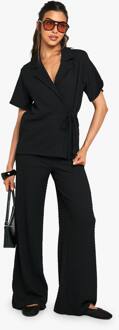 Getextureerde Top Met Omslag Aan De Voorkant En Broek Met Wijde Pijpen Set, Black - 34
