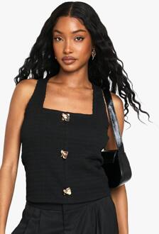 Getextureerde Top Met Vierkante Halslijn En Knoopdetail, Black - 42