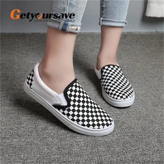 Getyoursave 2020 Summer Women Canvas Flats Shoes Sneakers Checkerboard Casual Slip-on Vulcanized Sneakers Walking Sports Female