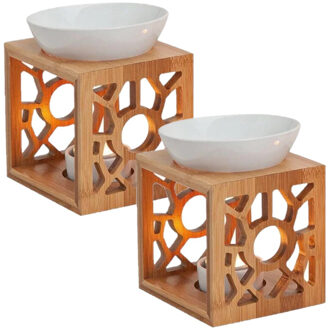 Geurbrander voor amberblokjes/geurolie/waxmelts - 2x - bamboo/keramiek - 12 x 10 x 14 cm