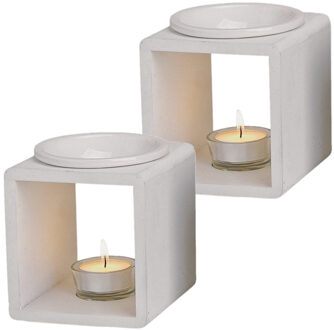 Geurbrander voor amberblokjes/geurolie/waxmelts - 2x - keramiek - wit - 11 x 11 x 13 cm