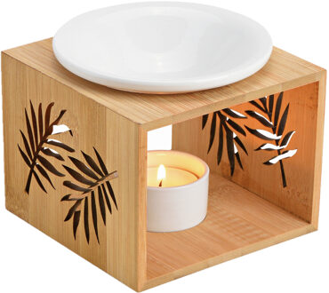 Geurbrander voor amberblokjes/geurolie/waxmelts - keramiek/hout - 12 x 12 x 10 cm