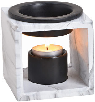 Geurbrander voor amberblokjes/geurolie/waxmelts - keramiek - wit - 10x10x10 cm - marmer