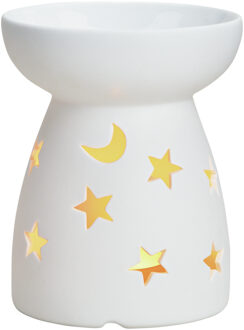 Geurbrander voor amberblokjes/geurolie/waxmelts - keramiek - wit - 10x10x11 cm - maan en sterren