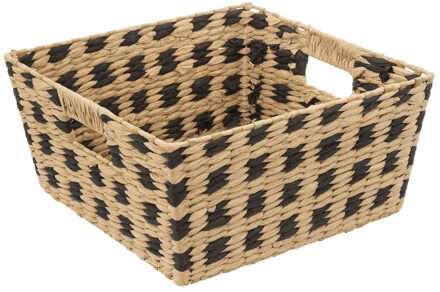 Gevlochten rieten opbergmand vierkant beige/zwart 31 x 31 x 15 cm - Opbergmanden