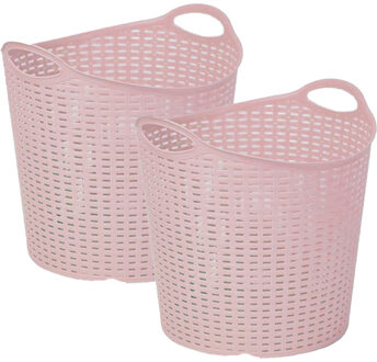 Gevlochten wasmand/opbergmand - 2x - flexibel - roze - 27 liter - rond - kunststof