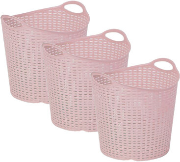 Gevlochten wasmand/opbergmand - 3x - flexibel - roze - 27 liter - rond - kunststof