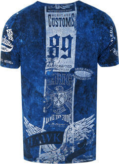 Gewassen biker T-shirt met voor- en achterkant bedrukt - maat 2XL Marineblauw