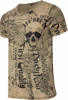 Gewassen T-shirt met "Flying-Skull" print - maat XL Kaki