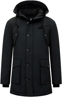 Gewatteerde lange jas met capuchon Zwart - XL
