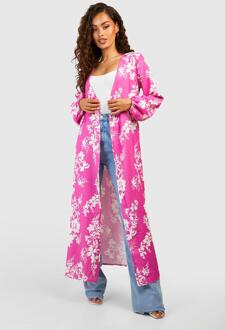 Geweven Bloemenprint Kimono Met Ceintuur, Pink - S