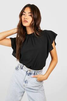 Geweven Blouse Met Ruches Aan Mouwen En Hals, Black - 42