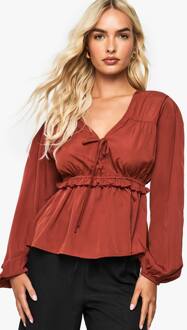 Geweven Blouse Met Strik Aan De Voorkant En Peplum, Rust - 34