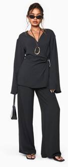 Geweven Broek Met Elastische Taille En Wijde Pijpen, Black - 36